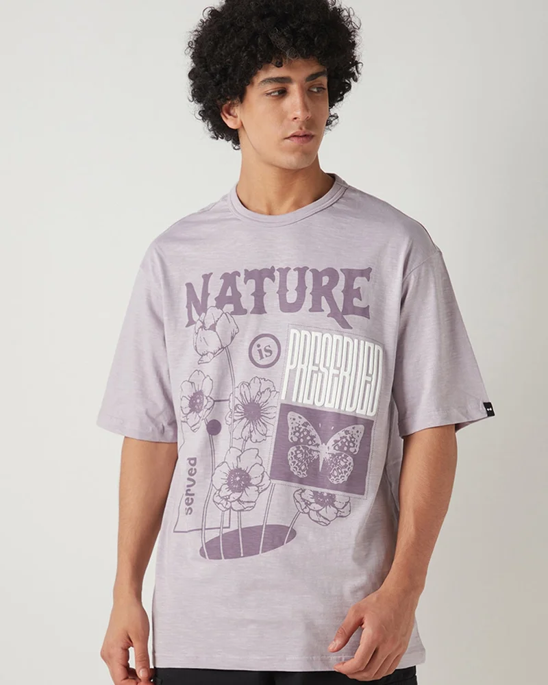 bewakoof Men's Purple Nature Preserved Graphic Printed Oversized T-shirt